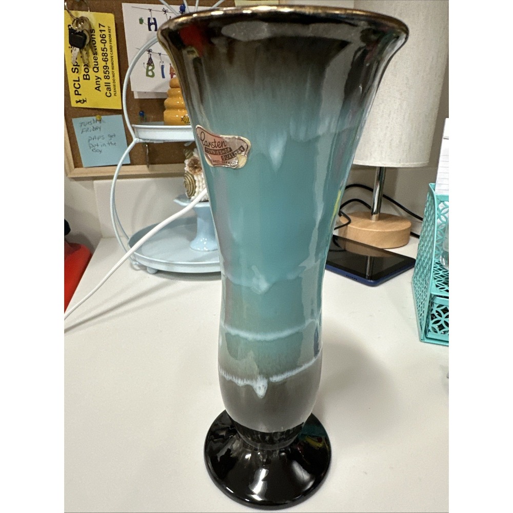 Vtg Carstens W Germany Pottery Vase Teal  Drip  9" Opening‎ 4"